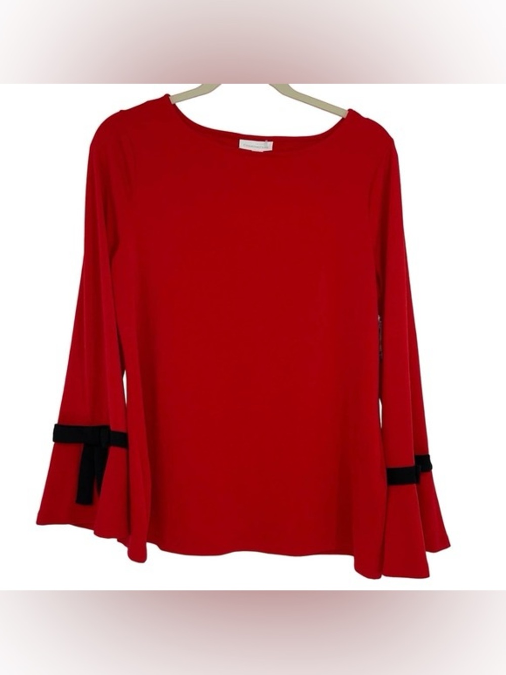 Charter Club Red Long Sleeve Bell Top with Black Bow Detail